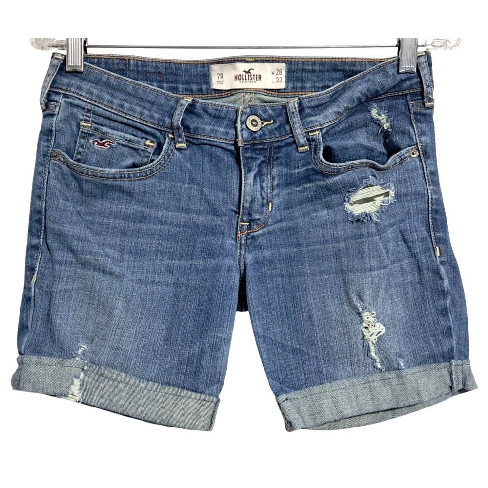 Hollister Jean Shorts Womens 28 Distressed Blue Denim Cuffed Blue